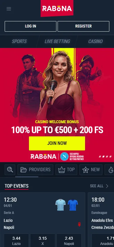 Rabona Casino mobile home interface for casino and sports betting