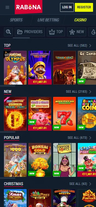 Rabona Casino mobile games interface with pokies and live casino options