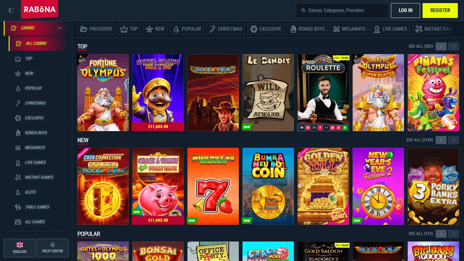 Rabona Casino desktop games interface with pokies and casino categories