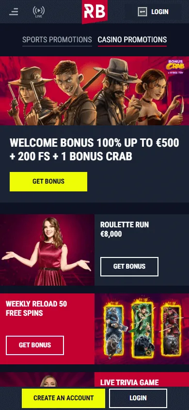 Rabona Casino mobile promotional offers interface