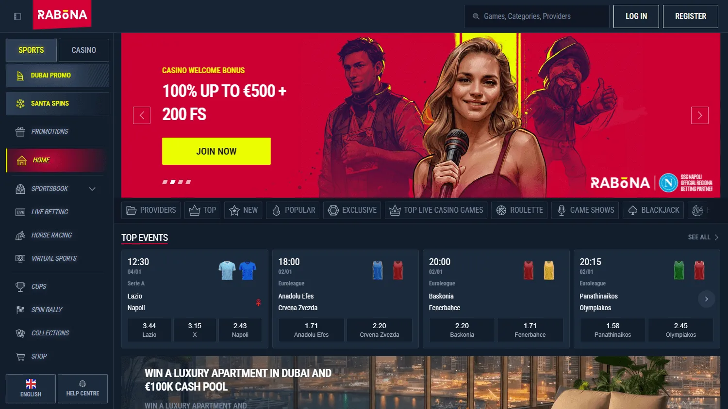 Rabona Casino desktop home interface with casino and sportsbook access